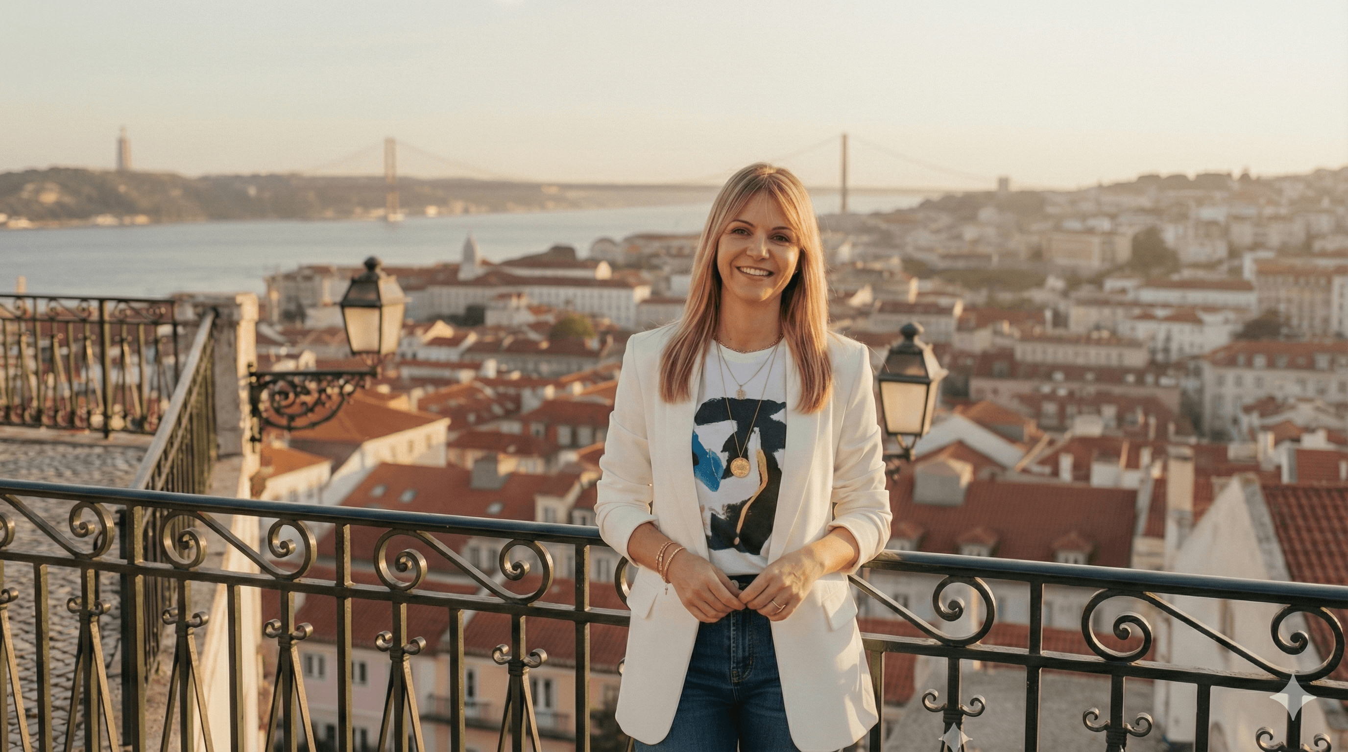 Susana Vasconcelos, FINOVA’s mortgage broker, at a viewpoint over Lisbon.